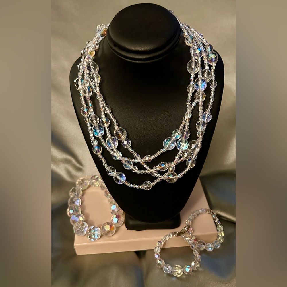 Vintage Crystal Glass Triple Strand Necklace, bracelet and earrings set